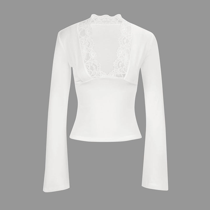 Damen Elegantes Langarm-Top mit Spitzenkragen Drune