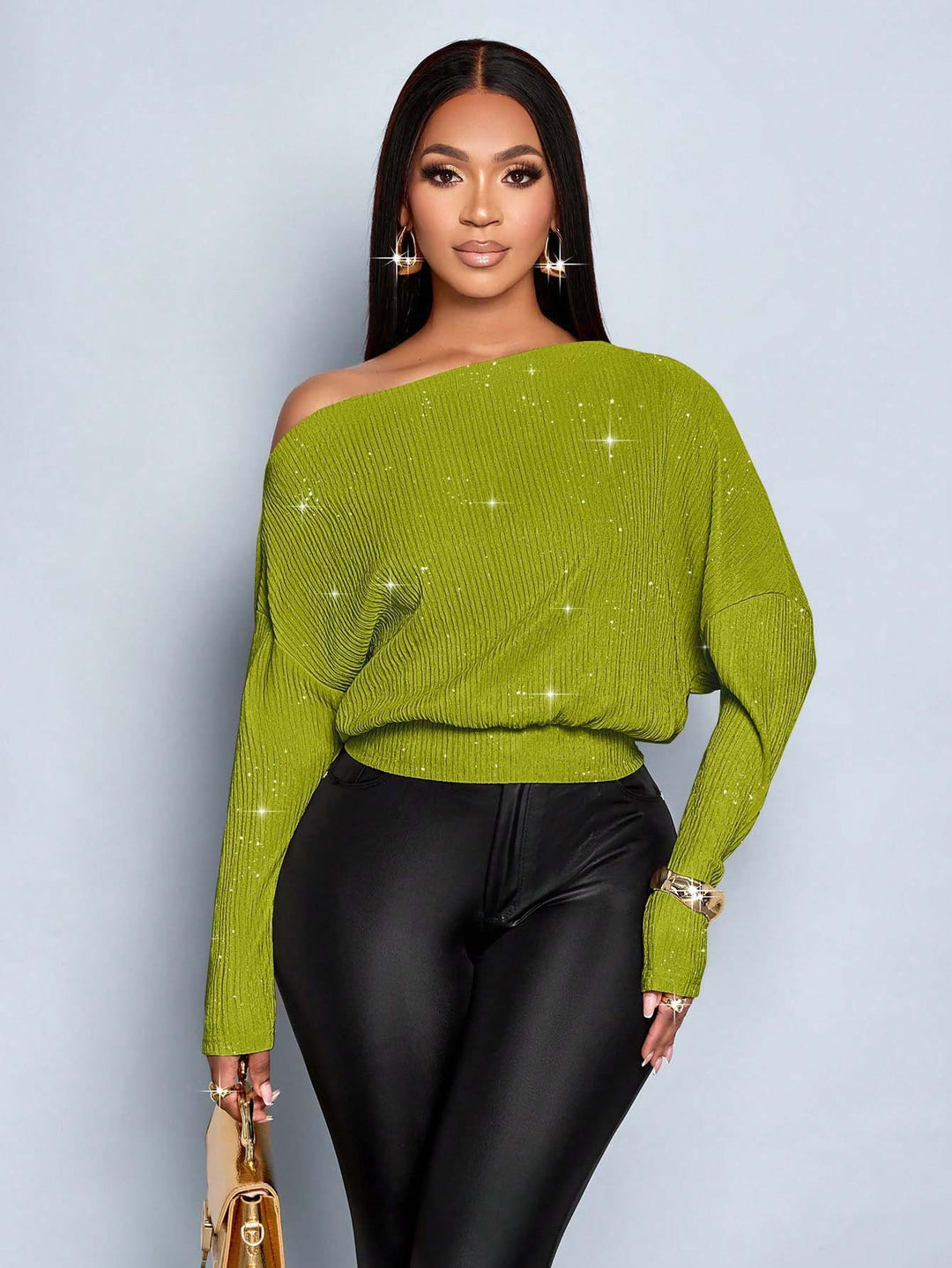 Damen Off-Shoulder Rippstrick-Pullover mit Glitzereffekt und Batwing-Ärmeln Drune