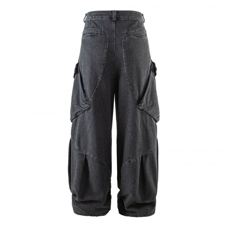 Unisex Weite Cargo-Jeans mit hoher Taille, Panelnähten und aufgesetzten Klappentaschen Drune