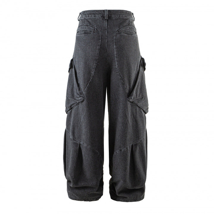 Unisex Weite Cargo-Jeans mit hoher Taille, Panelnähten und aufgesetzten Klappentaschen Drune
