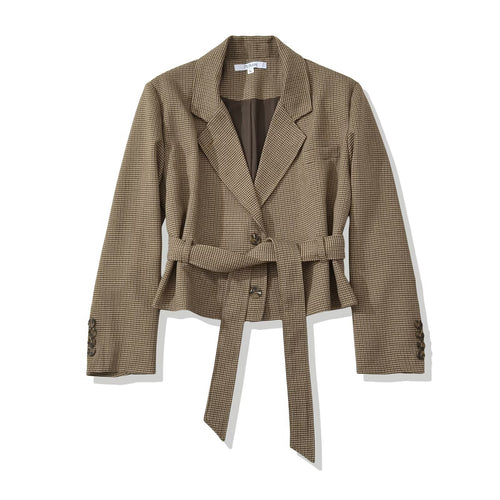 Damen Kurzblazer mit taillierendem Bindegürtel und Hahnentrittmuster Drune