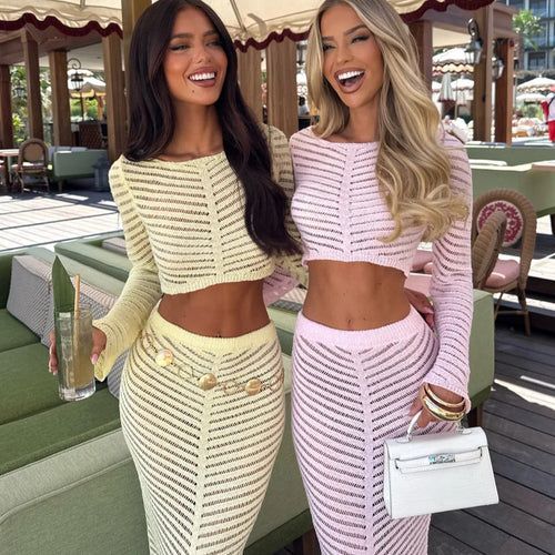 Damen elegantes gehäkeltes Set mit langärmligem Crop-Top und figurbetonendem Rock Drune