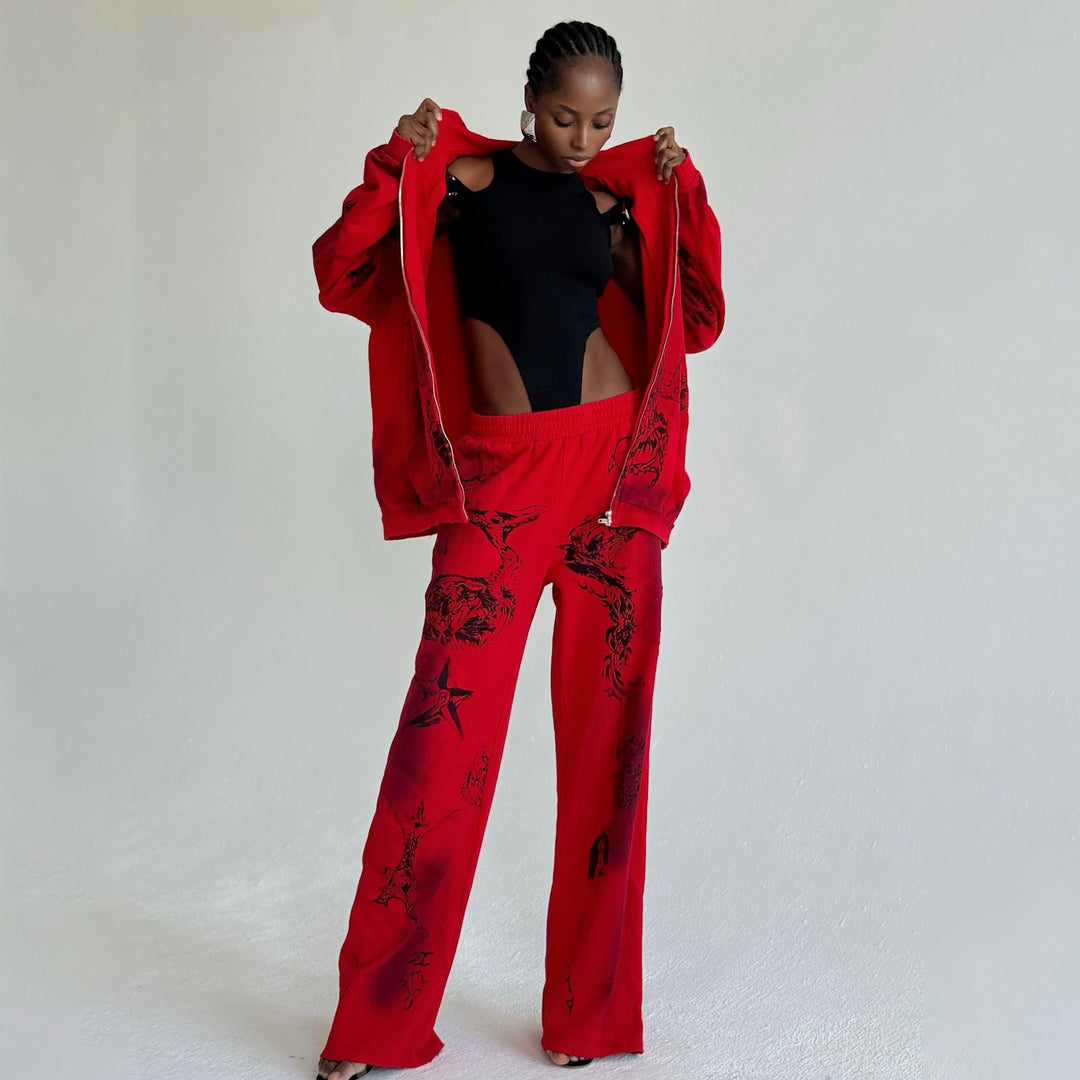 Damen Sportlicher Oversized Set mit einzigartigen Grafiken und Kapuze Drune