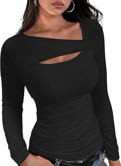 Damen Geripptes Langarmshirt mit asymmetrischem Carmenausschnitt und Brust-Cut-Out Drune