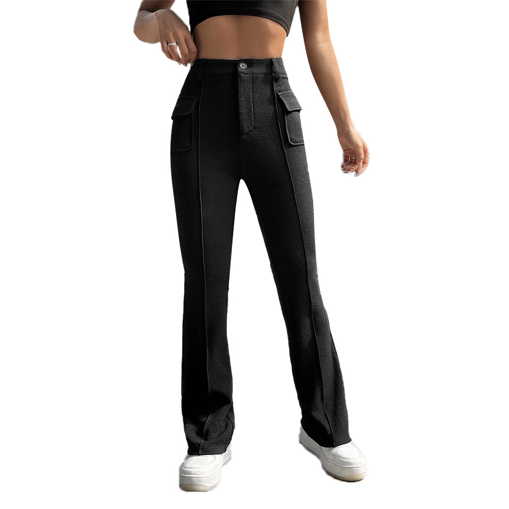 Damen hochgeschnittene Cargo-Hose mit frontnaht, ausgestelltem Bein und aufgesetzten Pattentaschen Drune