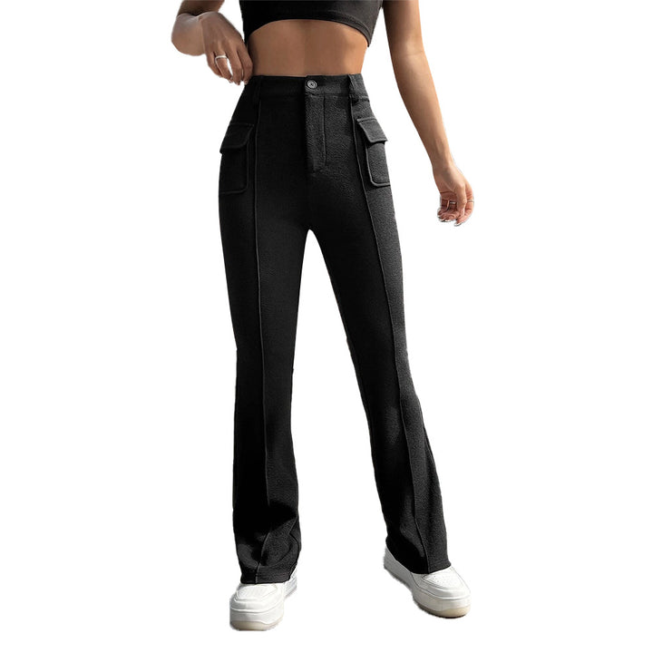 Damen hochgeschnittene Cargo-Hose mit frontnaht, ausgestelltem Bein und aufgesetzten Pattentaschen Drune
