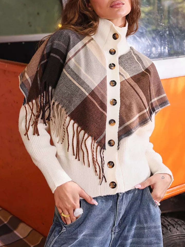 Damen gestrickte Weste mit dekorativem Karomuster und praktischen Knopfdetails Drune