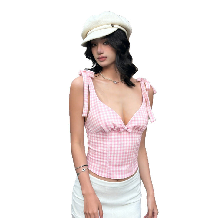 Damen Gingham Crop-Top mit süßen Schleifen-Details Drune
