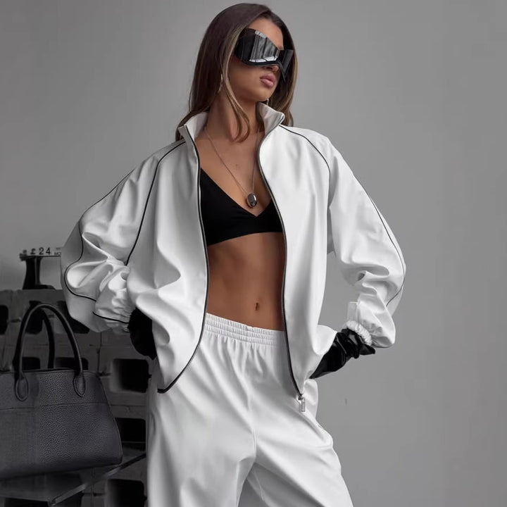 Damen Zweiteiliges Loungewear-Set mit Stehkragen-Zipjacke und weiter Bundfaltenhose Drune