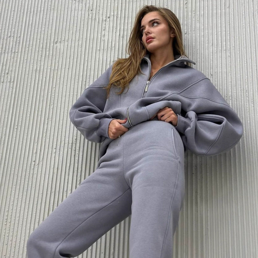 Damen Oversize-Halbzip-Sweatjacke mit sculptender High-Waist-Jogginghose aus schwerem French-Terry Drune