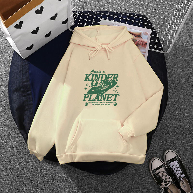 Unisex nan oversized Kapuzenpullover mit Statement-Print "Kinder Planet", Kängurutasche und weichem Futter Drune