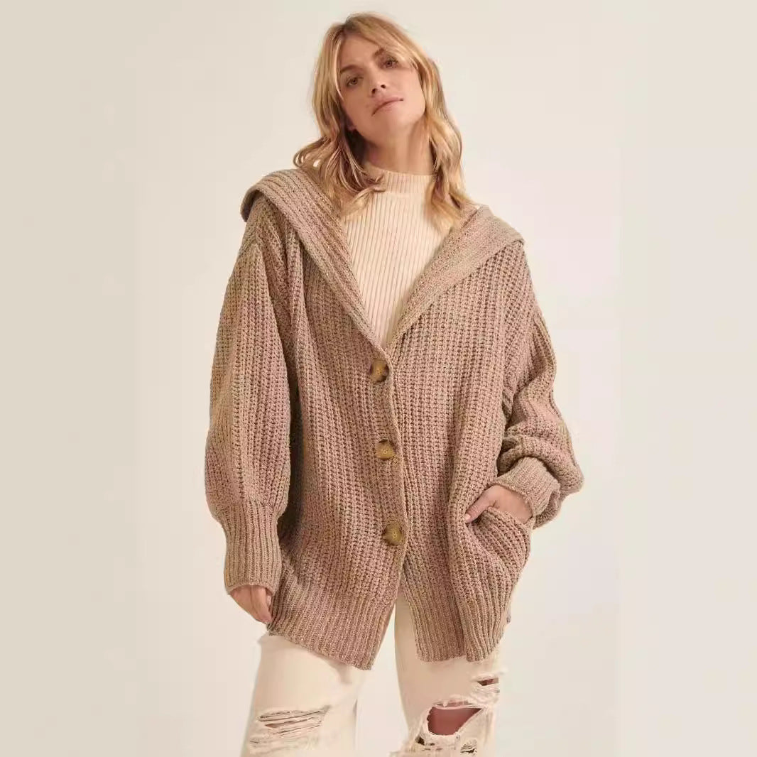 Damen Grobstrickjacke mit modernem Reverskragen und dekorativen Knöpfen Drune
