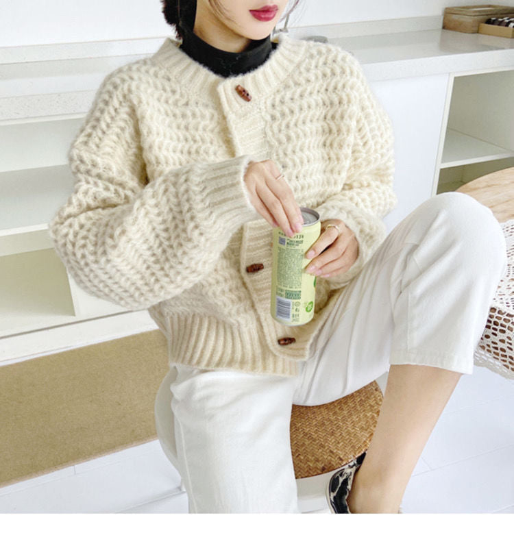 Damen Grobstrickpullover mit dekorativer Knopfleiste und wabenförmigem Muster Drune