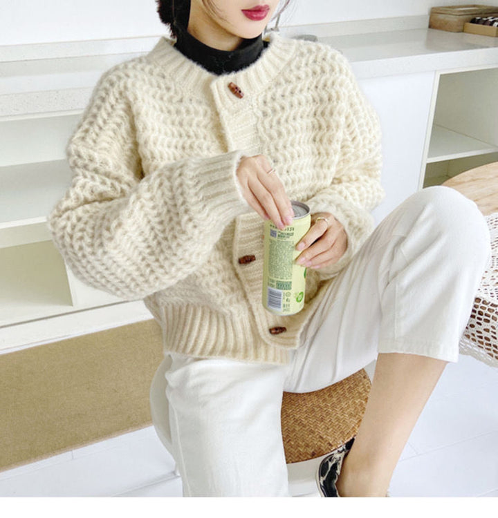 Damen Grobstrickpullover mit dekorativer Knopfleiste und wabenförmigem Muster Drune