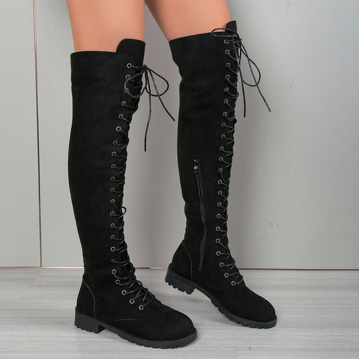 Damen  Overknee-Schnürstiefel mit seitlichem Reißverschluss, dekorativer Schnürung und profiliertem Gummisohle Drune