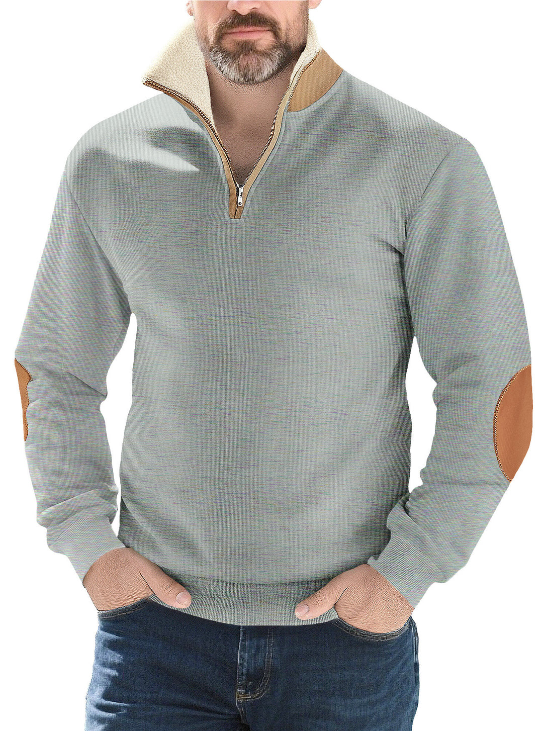 Herren nan Strukturstrick-Halbzipppullover mit wärmendem Sherpa-Kragen und Velours-Ellenbogenapplikation Drune