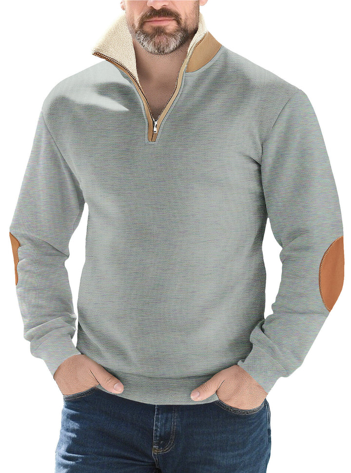 Herren nan Strukturstrick-Halbzipppullover mit wärmendem Sherpa-Kragen und Velours-Ellenbogenapplikation Drune