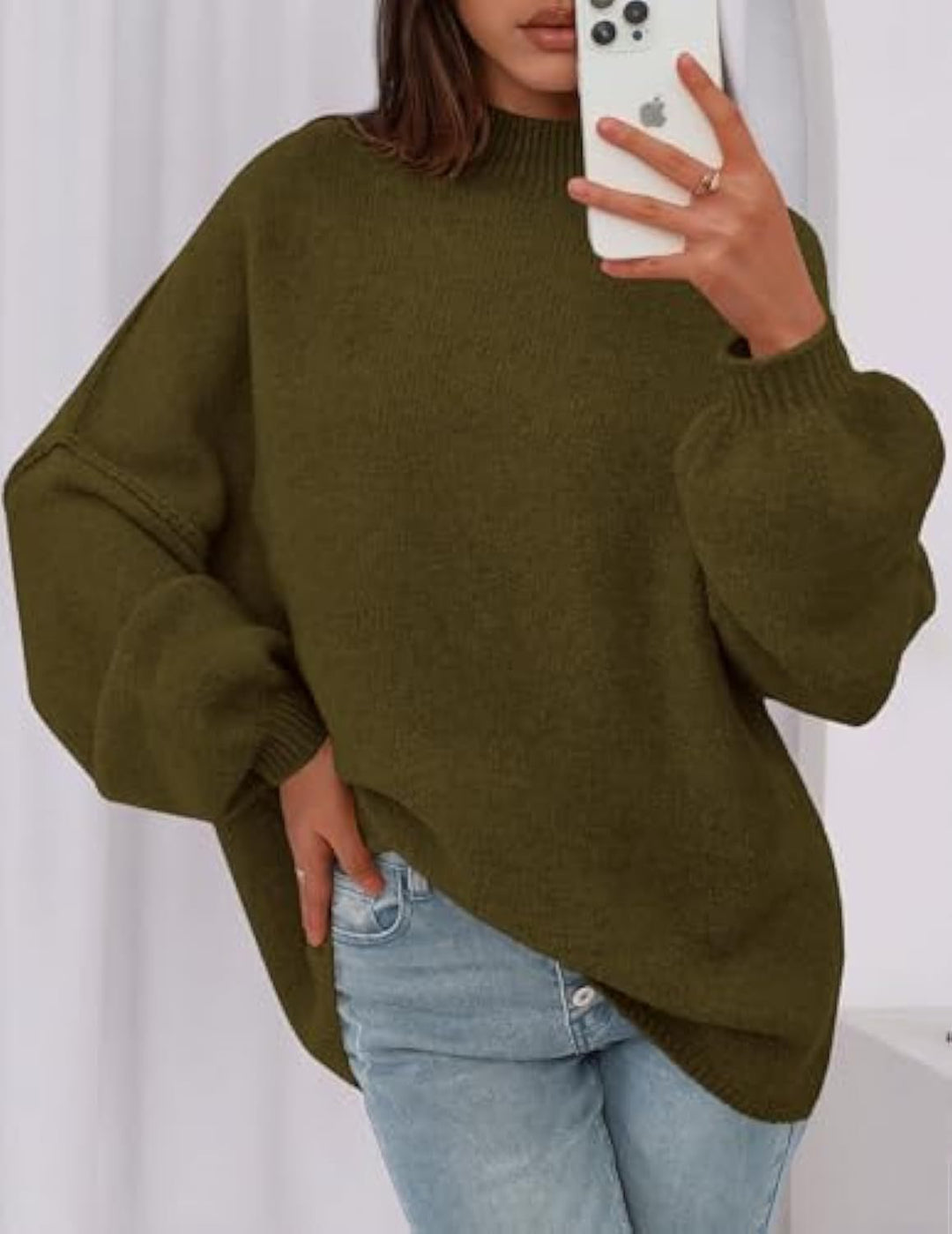Damen Oversize-Strickpullover mit Stehkragen und Ballonärmeln Drune