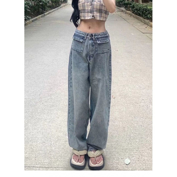 Damen Weit geschnittene Denim-Hose mit hohen Taschen und vintage Waschung Drune