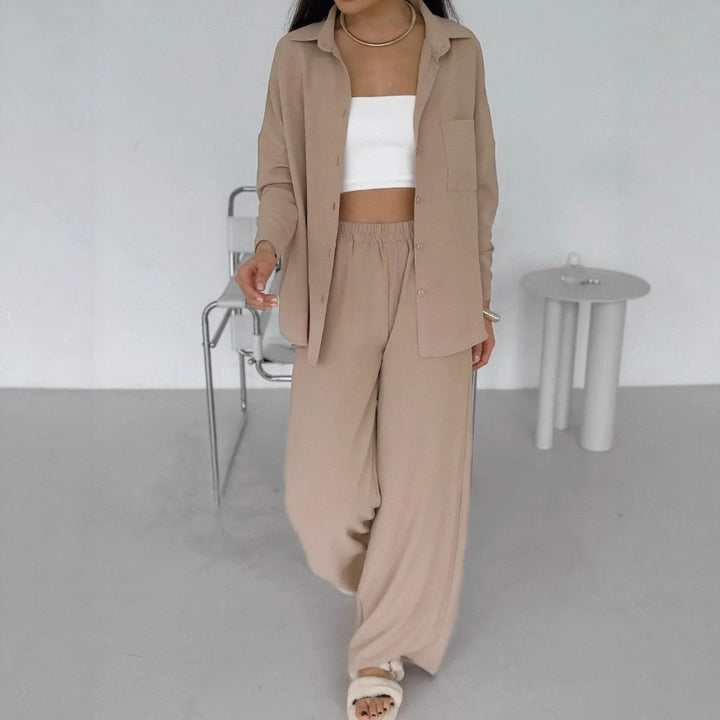 Damen Elegantes Lounge-Set aus weichem Stoff mit Hemd und weitem Hosen Drune
