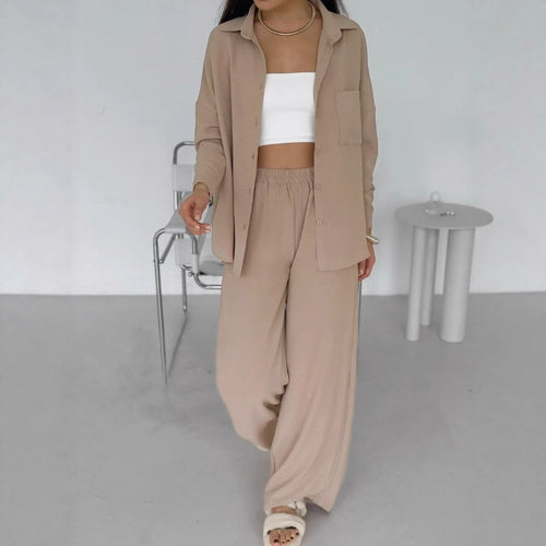 Damen Elegantes Lounge-Set aus weichem Stoff mit Hemd und weitem Hosen Drune
