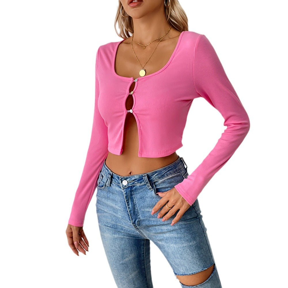 Damen bauchfreies geripptes Cropped-Cardigan mit frontalen Cutouts und Zierösen Drune
