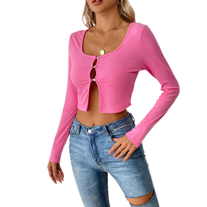 Damen bauchfreies geripptes Cropped-Cardigan mit frontalen Cutouts und Zierösen Drune