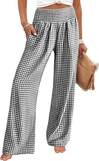Damen Leichte Palazzo‑Hose mit Smokbund, weitem Bein und Karo‑Print Drune