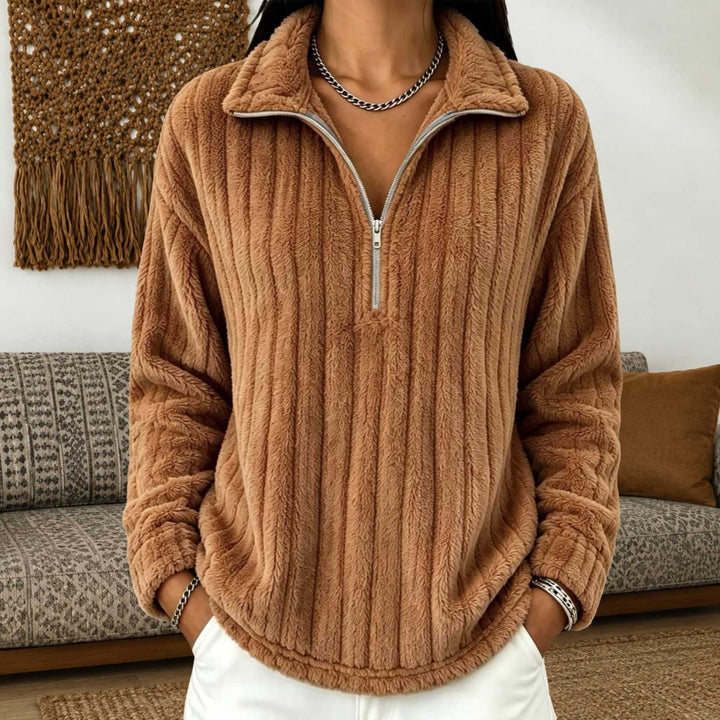 Damen Kuscheliger Plüsch-Halfzip-Pullover mit Stehkragen Drune