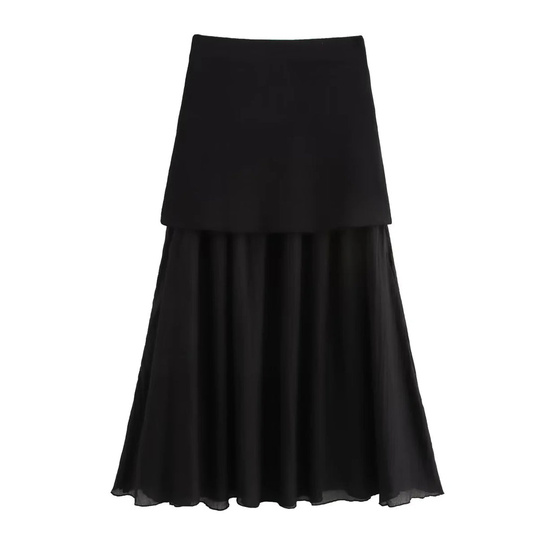 Damen nan zweilagiger Maxi-Rock mit plissiertem Chiffon und hoher Taille Drune