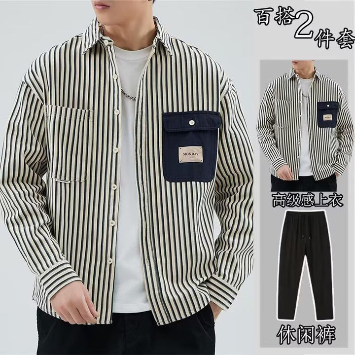 Herren Gestreiftes Overshirt im Workwear-Stil mit kontrastierter Brusttasche Drune