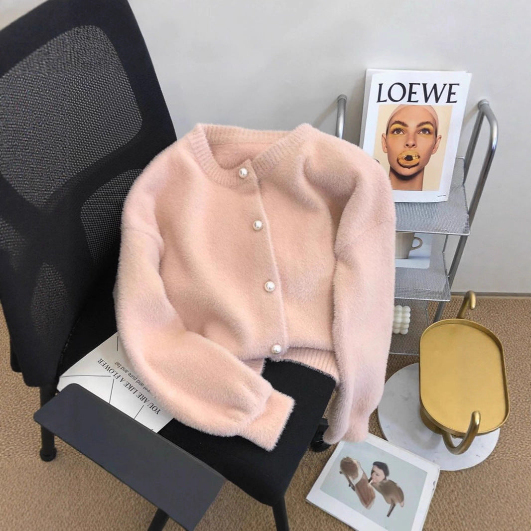 Damen Flauschige Strickjacke mit Perlenknöpfen Drune