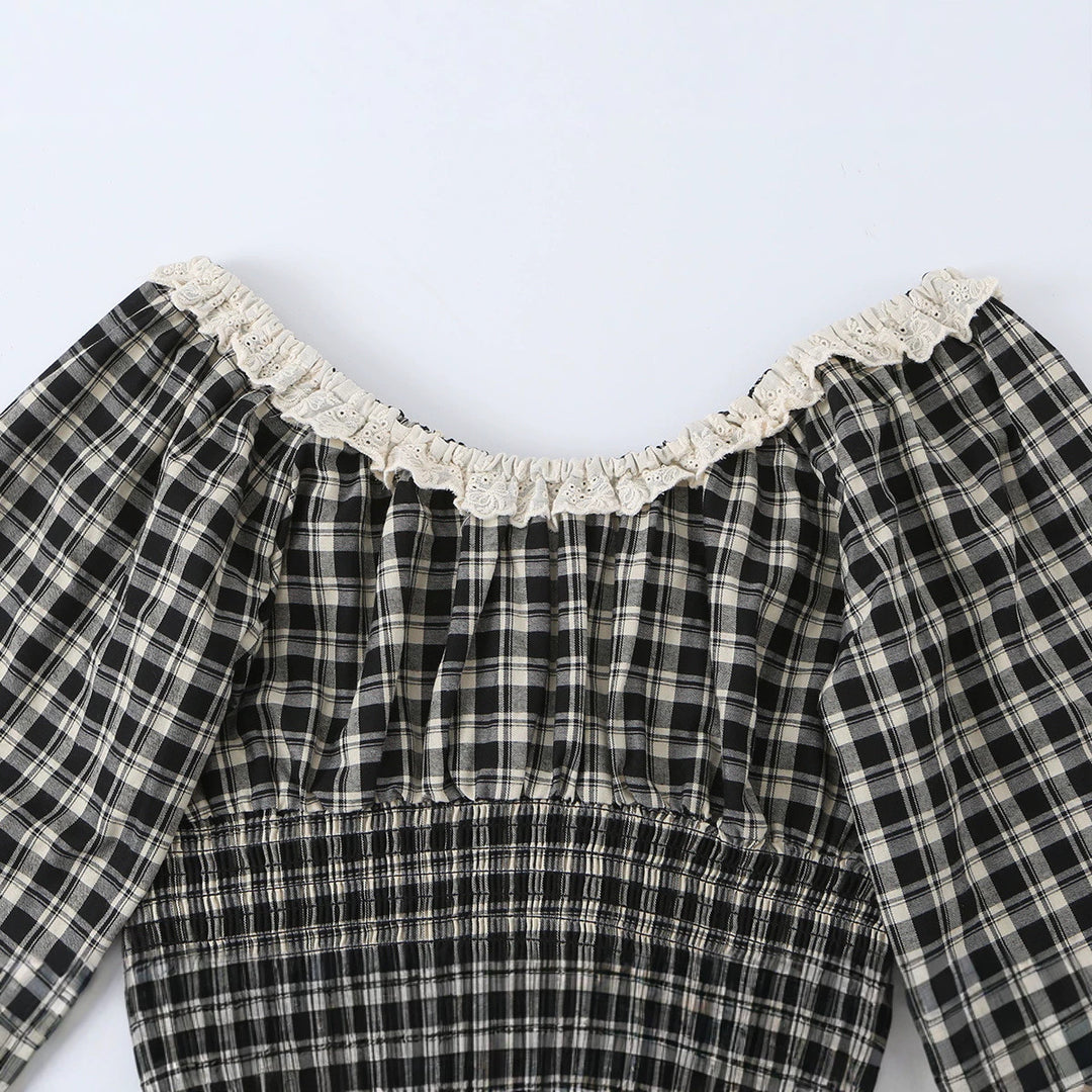 Damen Karierte Cropped-Bluse mit eckigem Ausschnitt, Spitzenbesatz und geraffter Taille Drune