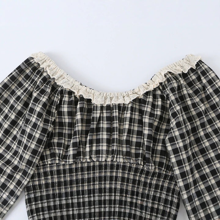 Damen Karierte Cropped-Bluse mit eckigem Ausschnitt, Spitzenbesatz und geraffter Taille Drune