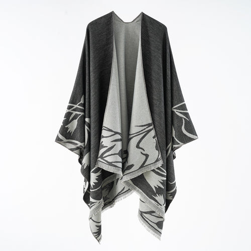 Damen Edler Wendbarer Ruana-Überwurf im Double-Face Wollmix mit floralem Jacquard Drune