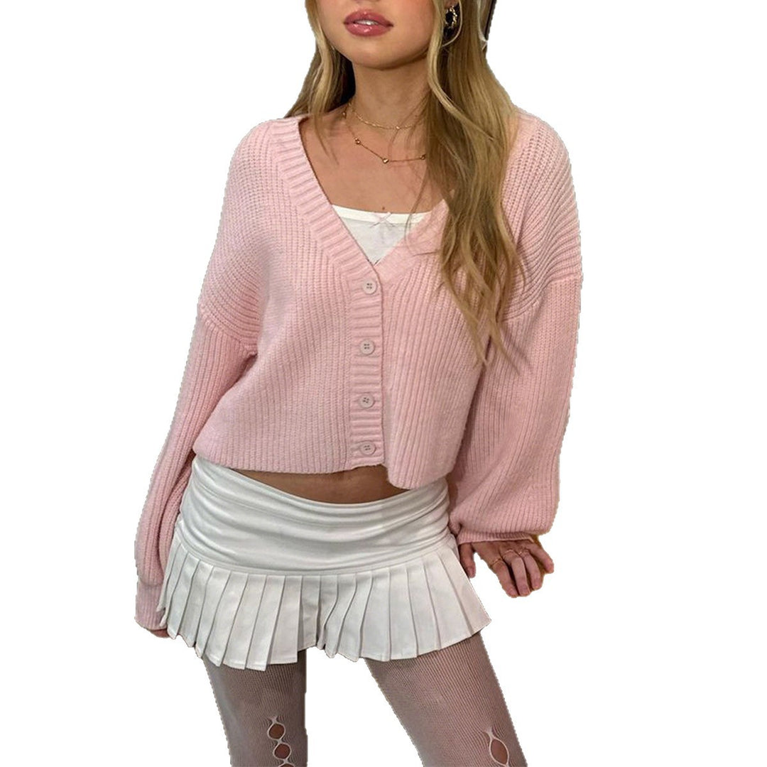 Damen nan kurzes Rippstrick-Cardigan mit Oversize-Balloonärmeln und Knopfleiste Drune