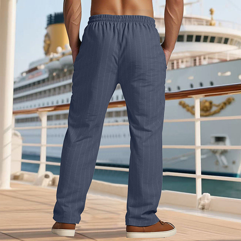 Herren Maritime Leinenoptik-Freizeithose mit Nadelstreifen elastischem Bund und seitlichen Eingrifftaschen Drune