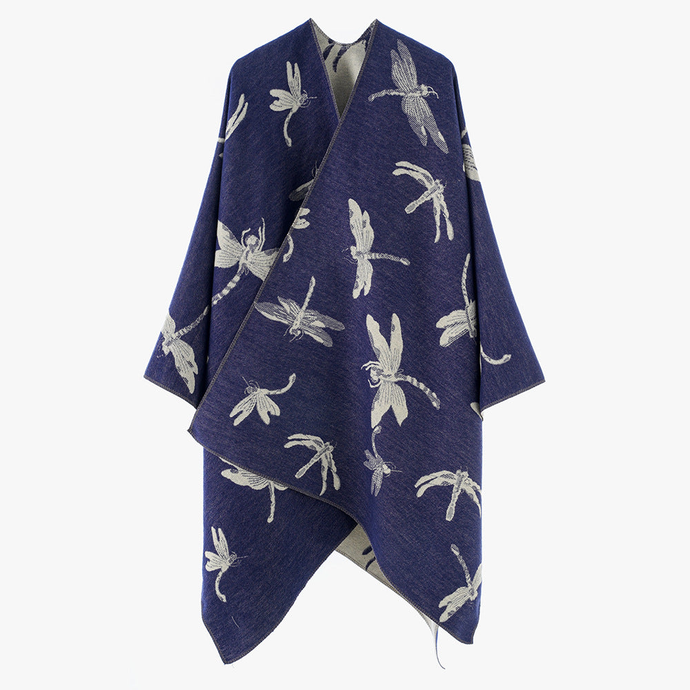 Damen Oversize-Cape aus feinem Jaquardstrick mit Libellenmotiv und reversibler Wolloptik Drune