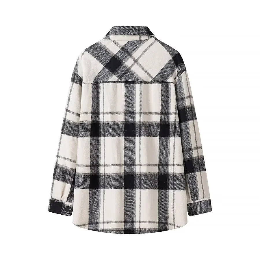 Damen nan kariertes Overshirt im Shacket‑Stil mit aufgesetzten Brusttaschen Drune