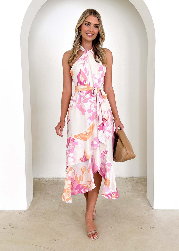 Damen Halterneck Maxikleid mit elegantem Rüschensaum Drune