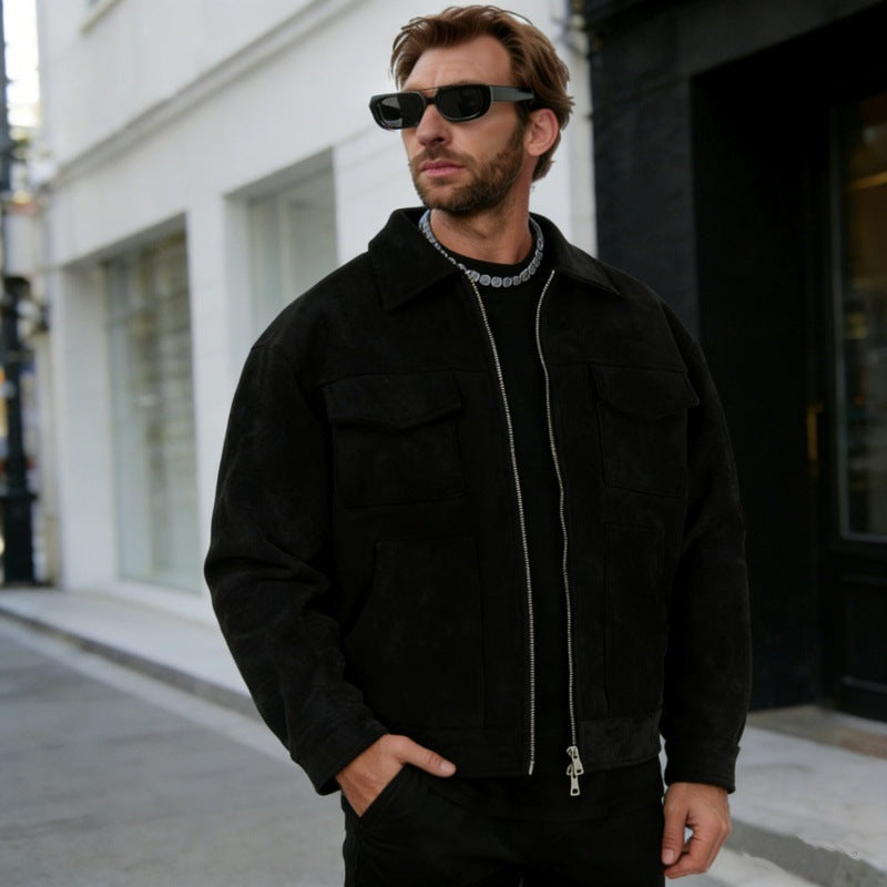 Herren nan oversized Velourslederjacke mit Reißverschluss, Hemdkragen und aufgesetzten Pattentaschen Drune