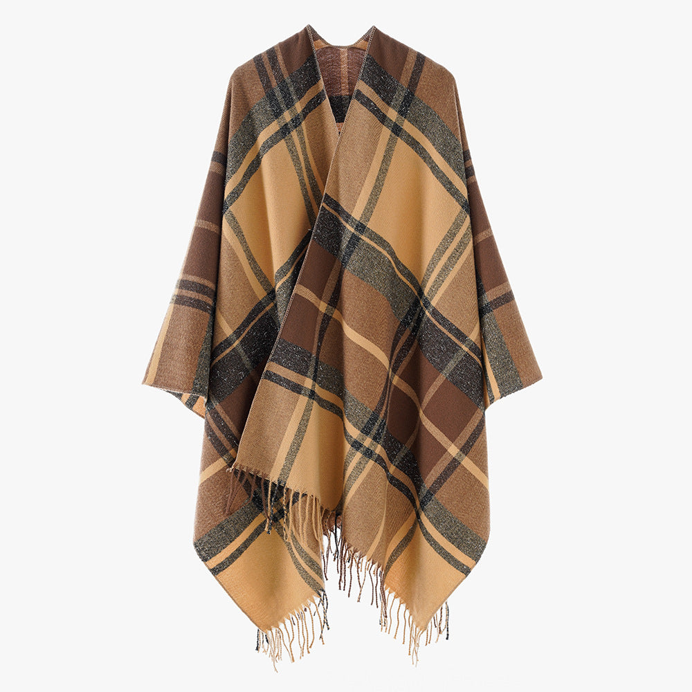 Damen Karierter Cape-Überwurf im Oversize-Stil aus Wollmix mit Fransensaum Drune