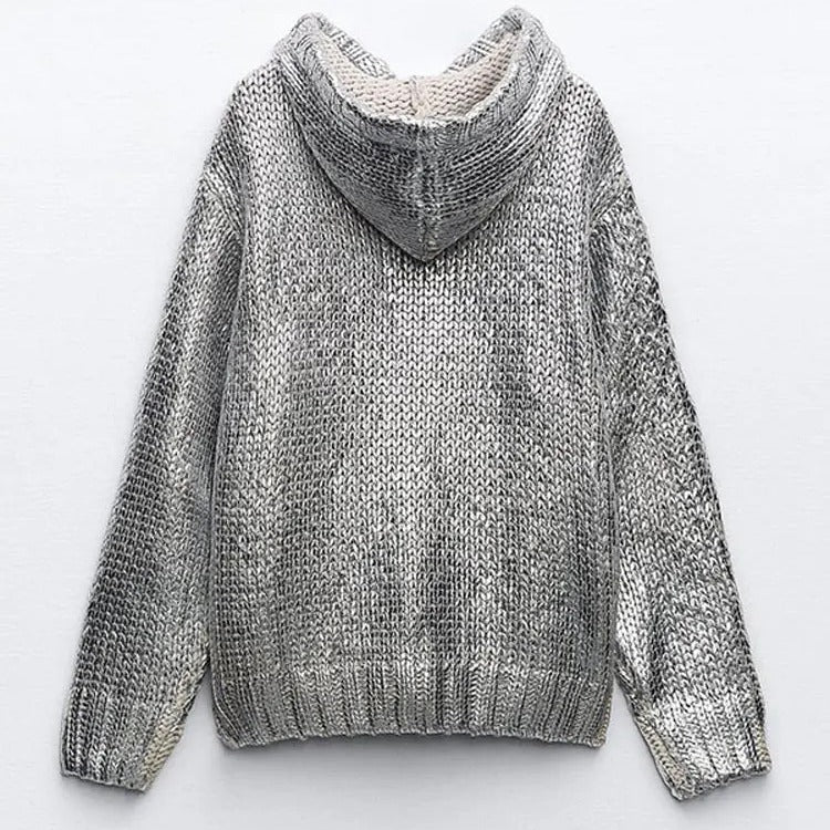 Damen Glitzernder Strickpullover mit Kapuze und praktischer Kängurutasche Drune