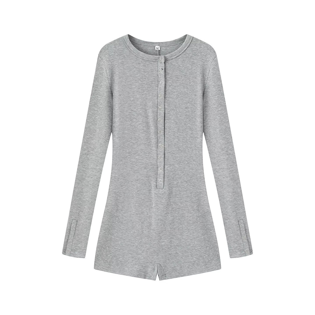 Damen Leichter Rippstrick-Einteiler mit Henley-Knopfleiste und Druckknopfstepper Drune