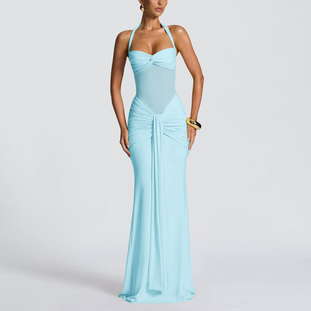 Damen elegantes Maxikleid mit schmeichelnder Raffung und Halterneck Drune