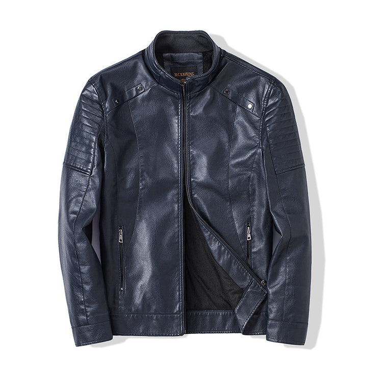 Herren Slim-Fit Kunstleder-Bikerjacke mit Stehkragen und Reißverschlusstaschen Drune