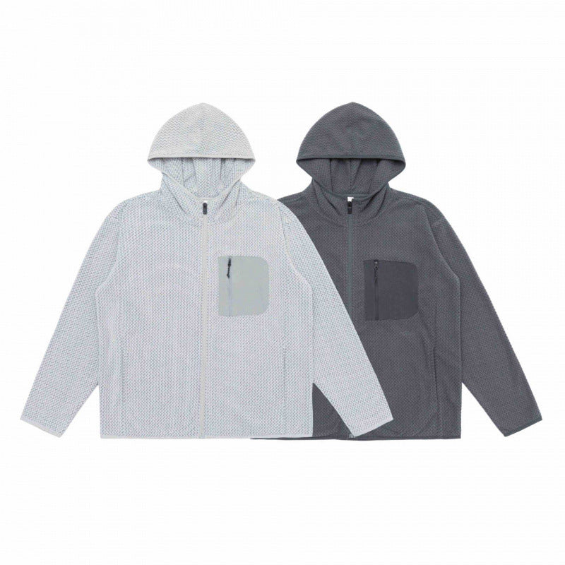 Unisex Kapuzen-Fleecejacke mit durchgehendem Reißverschluss, Strukturstrick und Brust-Reißverschlusstasche Drune