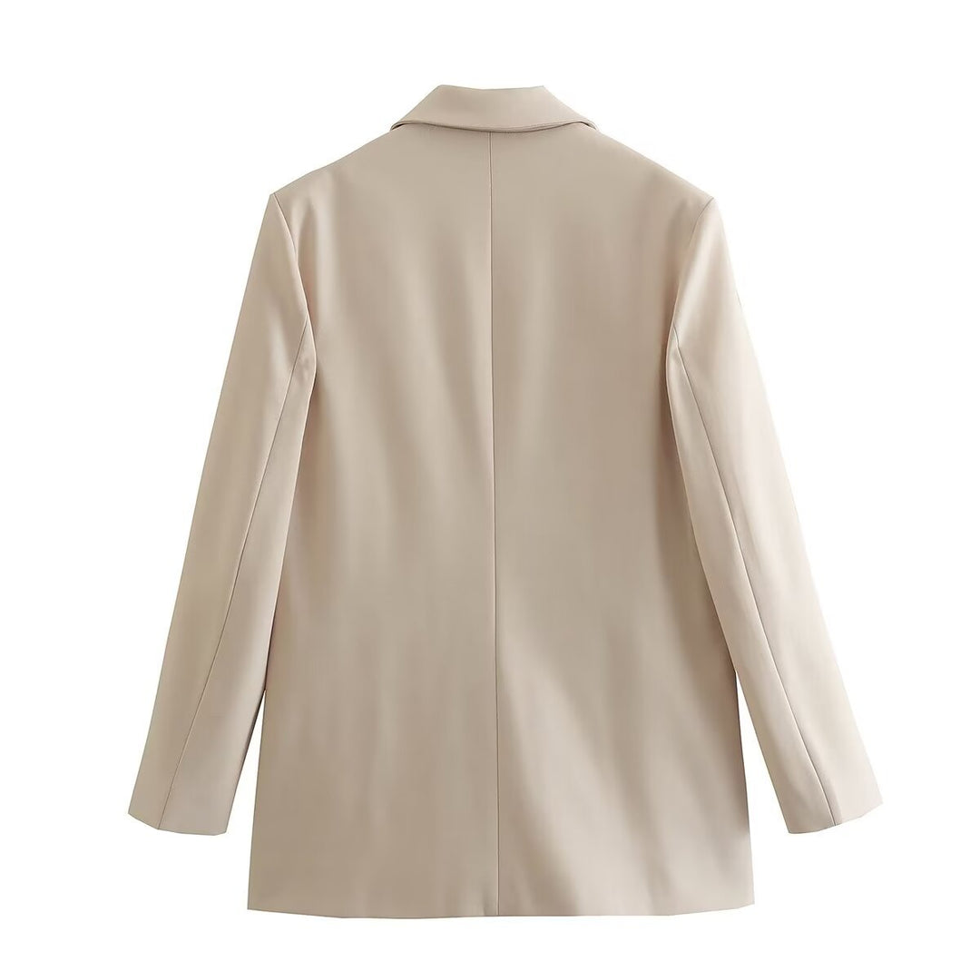 Damen nan figurbetonter zweireihiger Longblazer mit spitzem Revers leicht verlängertem Saum und Pattentaschen Drune