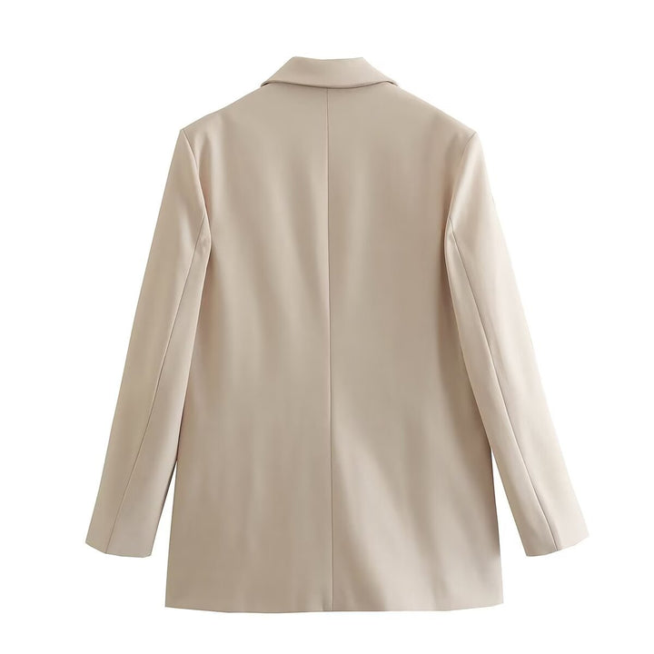 Damen nan figurbetonter zweireihiger Longblazer mit spitzem Revers leicht verlängertem Saum und Pattentaschen Drune