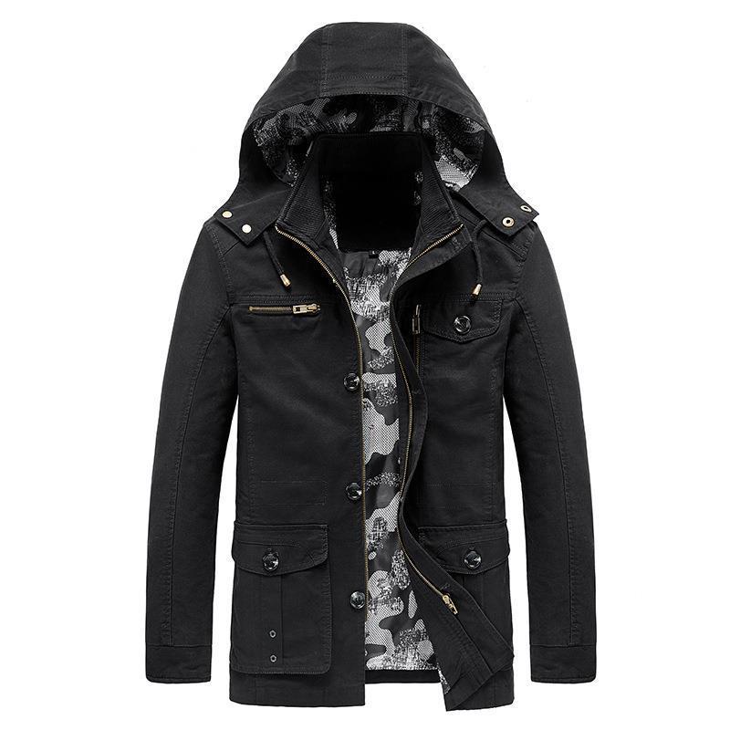Herren mittellange Canvas-Fieldjacke mit Kapuze, Cargo‑Taschen und Camouflage‑Innenfutter Drune